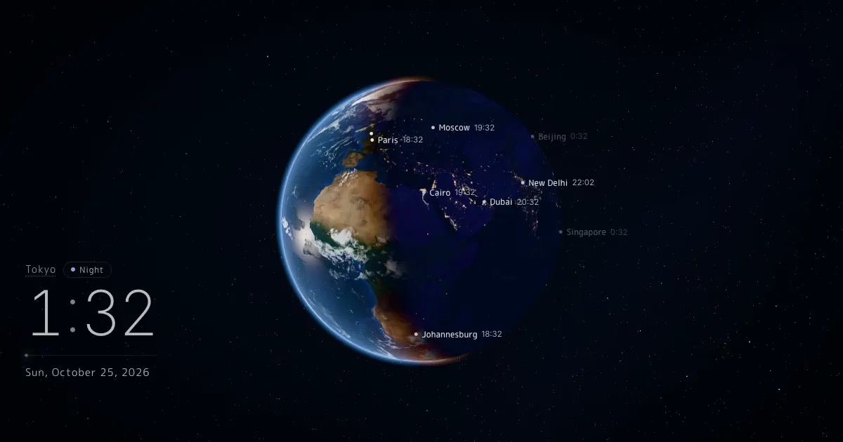A 3D globe split into day and night, with dusk over Europe and Africa and city lights across the Middle East and India