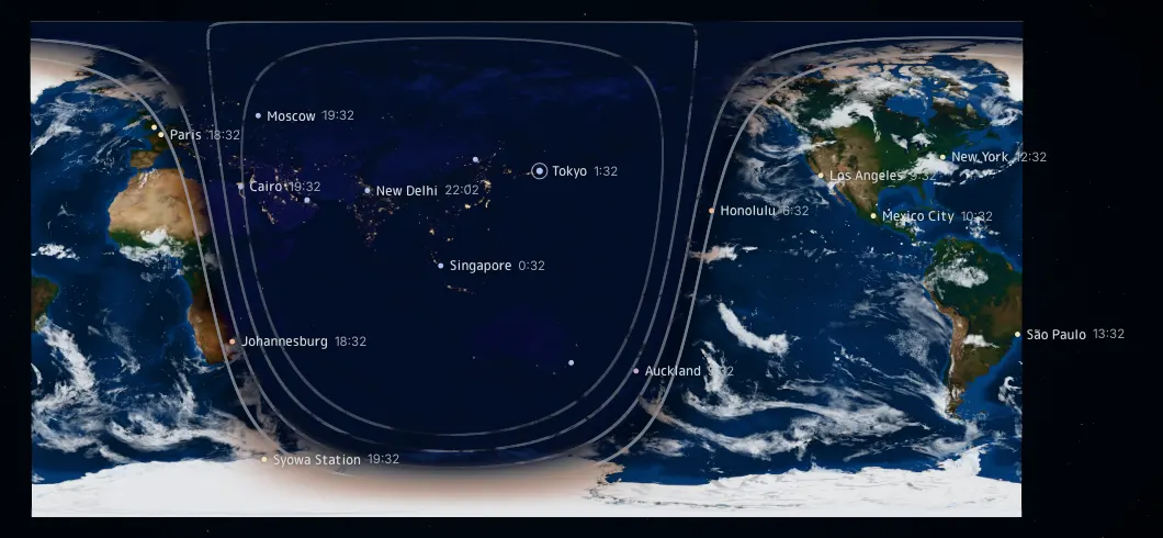 A flat world map showing the day/night line and twilight boundaries. Asia and Oceania are dark, Europe and Africa are at dusk, and the Americas are in daylight