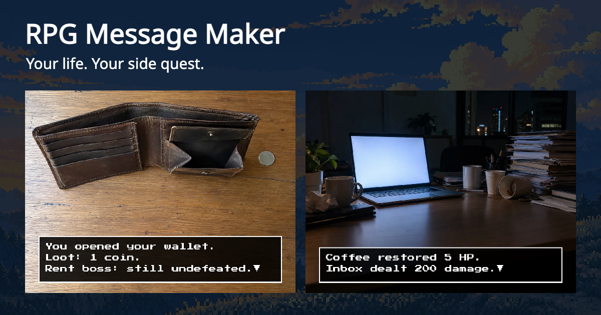 RPG memes about a nearly empty wallet and a late-night inbox