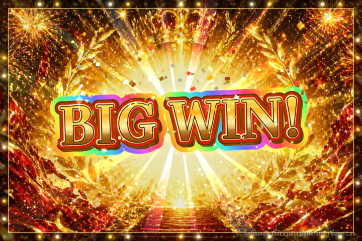 BIG WIN! text with a rainbow outline after the big-win moment