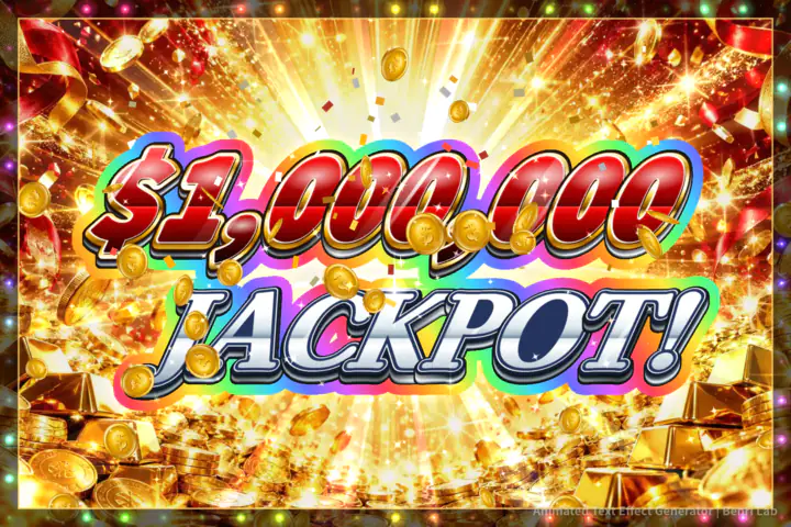 Red metallic $1,000,000 and silver JACKPOT! text with a rainbow outline and falling gold coins