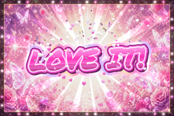 Pink LOVE IT! text surrounded by pink light and floating hearts